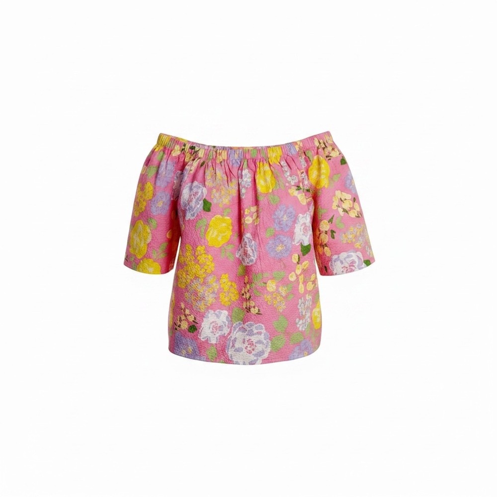 Sabo Top Womens M Pink Floral Off The Shoulder Seersucker Cotton Blouse Boho